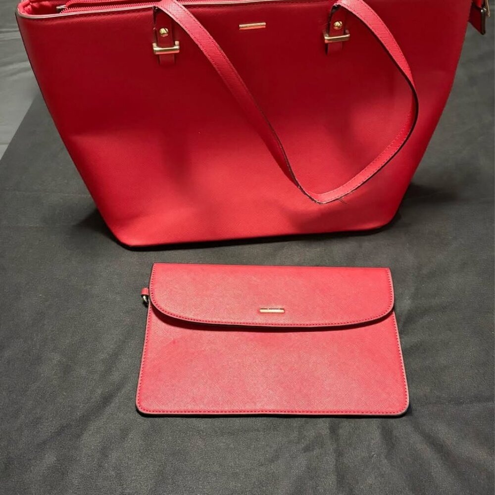 LOVEVOOK Red Faux Leather Work Tote Laptop Bag w/ Matching Clutch Purse